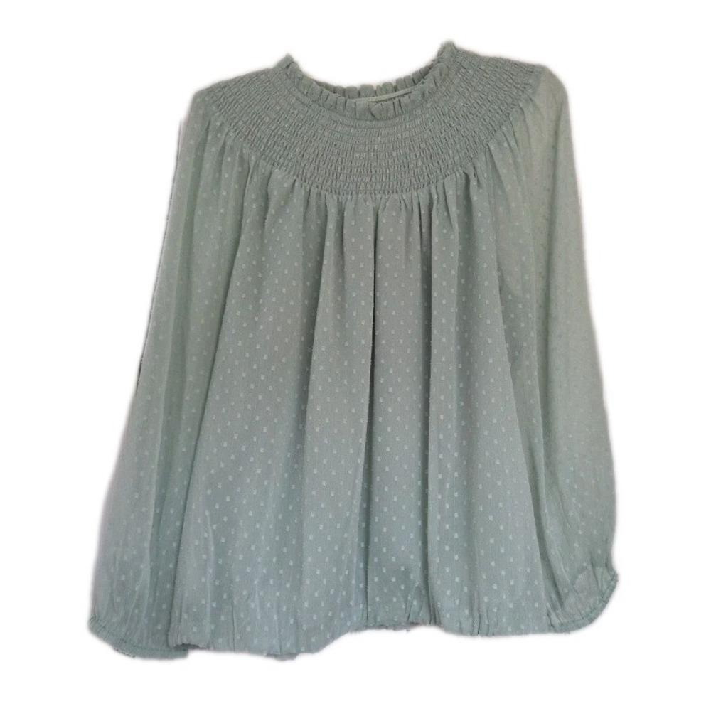 NWT LOFT Sage Green Swiss Dot Smocked Blouse Long Sleeve Size Large